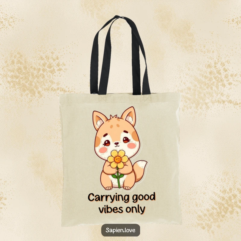 Funny Tote Bag: A cheerful animal character extends a flower, ready to carry your items with a smile.
