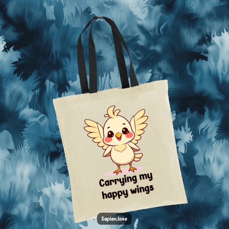 Smiling bipedal avian creature flapping its wings with joy on a tote bag, ideal for carrying daily items.