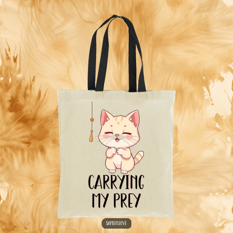 Funny Cat Tote Bag featuring a playful cat character batting at a dangling string, great for cat moms.