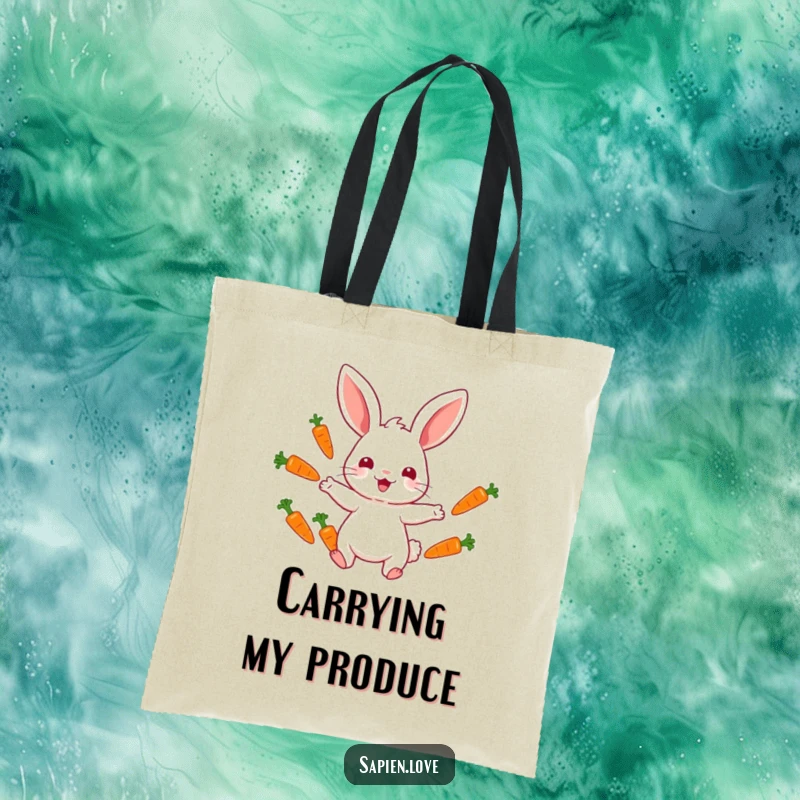 Funny tote bag depicting a rabbit character juggling colorful carrots, designed for carrying essentials with amusing skill and charm.