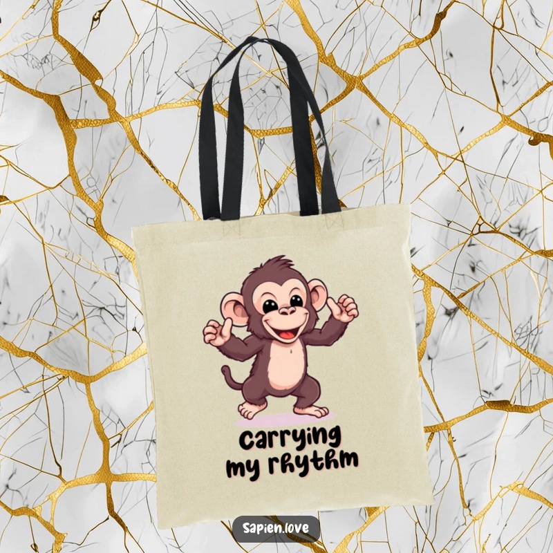 Funny kawaii ape dance tote bag, a playful character doing a silly dance, energetic humorous accessory.