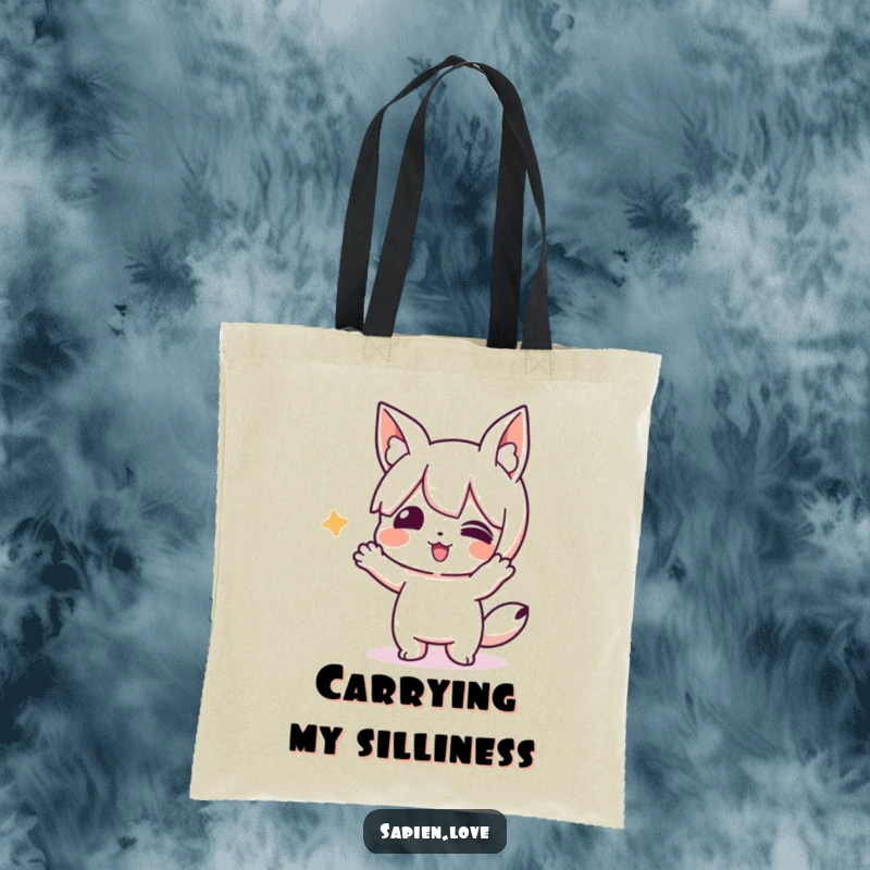 Funny tote bag showing a playful character with animal ears performing a silly action. A practical funny gift.