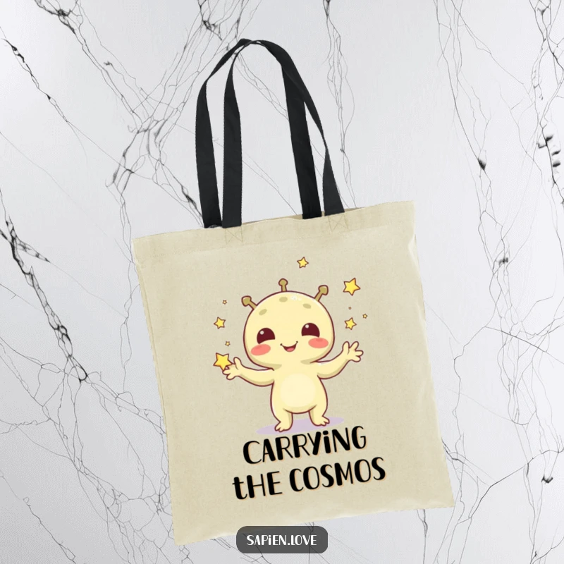 Funny tote bag illustration of a grinning alien creature juggling small, shimmering stars, perfect for cosmic adventurers.