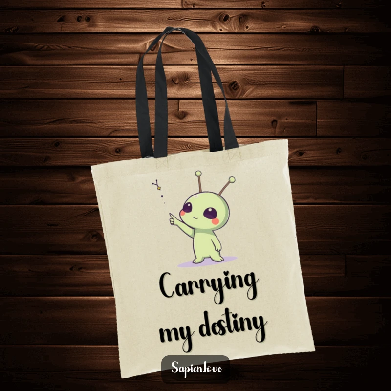 Funny tote bag illustration of an alien with expressive antennae pointing towards a distant, beautiful constellation.