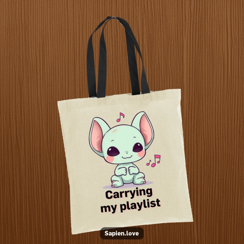 Funny tote bag illustration of an alien with big ears happily listening to a musical note, perfect for music lovers.