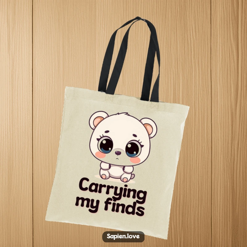 Funny bipedal bear with large, curious eyes exploring, a humorous and functional tote bag.