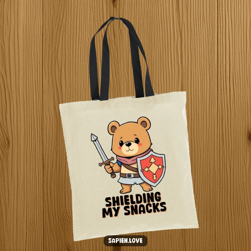 Funny tote bag depicting a bear character with a sword and shield, designed for carrying essentials with amusing warrior flair.