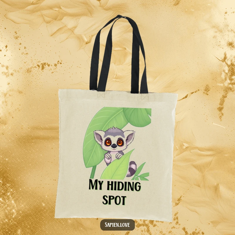 Funny kawaii lemur tote bag, a shy character peeking from behind a jungle leaf, cute and humorous accessory.