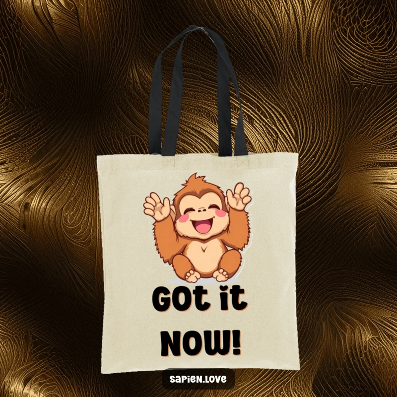 Funny Kawaii Orangutan Tote Bag, a delightful orangutan clapping with joy, a humorous accessory for carrying happiness.
