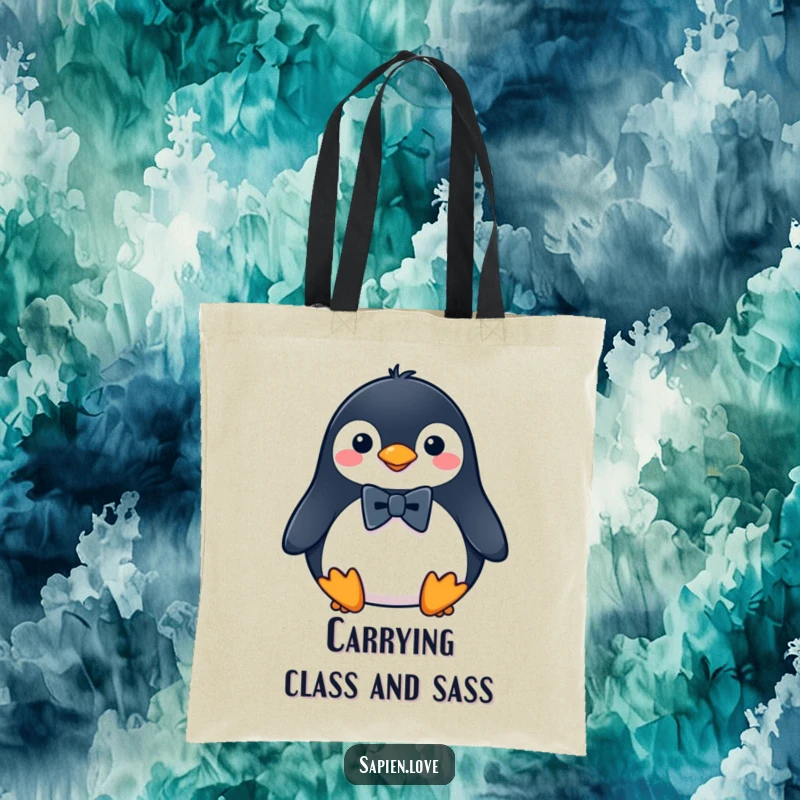 Funny Penguin Tote Bag showcasing a sophisticated penguin wearing a miniature bowtie, ideal for shopping or daily errands.