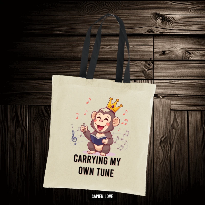 Funny Primate Conductor Tote Bag: A cheerful primate king conducting music notes, a stylish and humorous accessory for essentials.