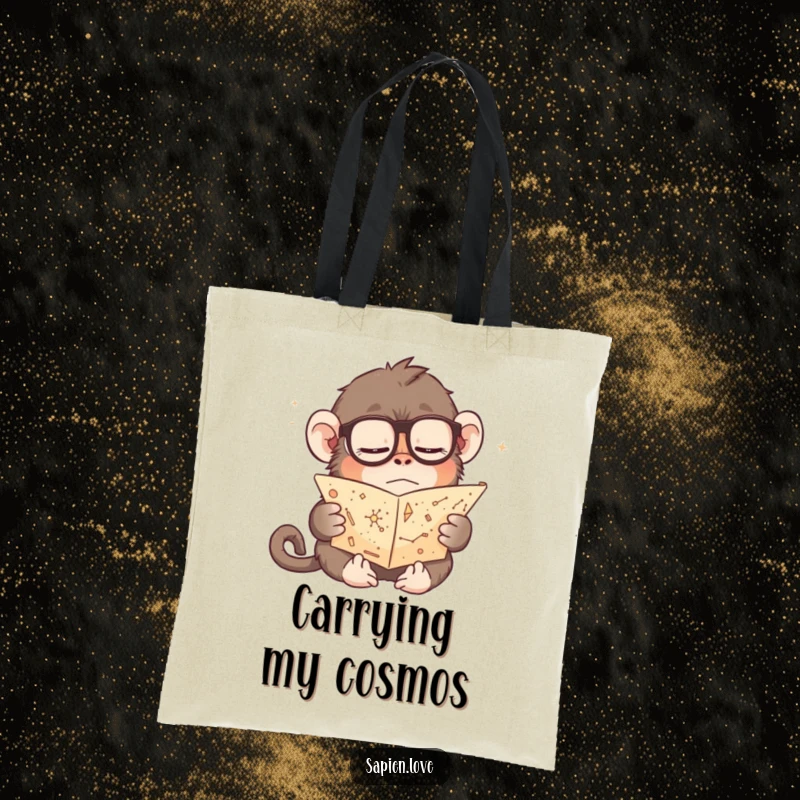 Funny tote bag illustrating a bespectacled, sleepy primate engrossed in reading a tiny scroll of constellations, great for carrying books or daily items.