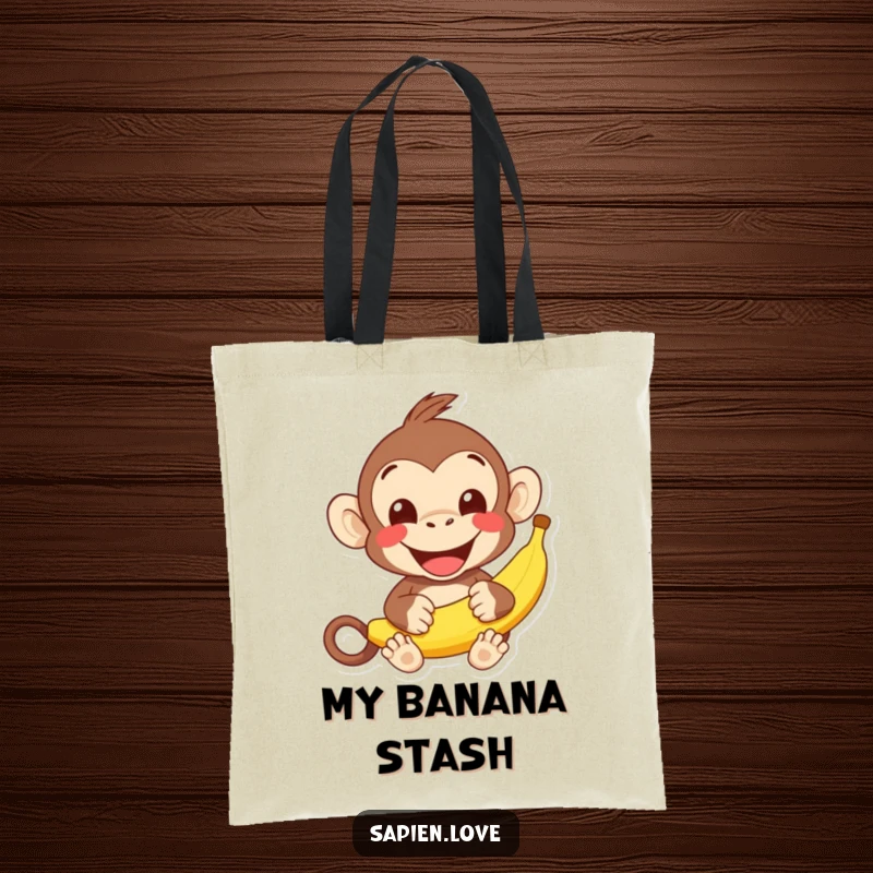 Funny kawaii monkey banana tote bag, a cheerful character offering a banana, wide grin, practical humorous accessory.