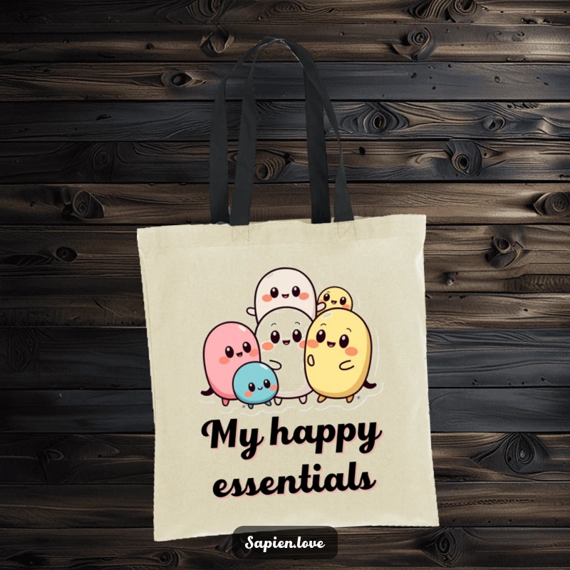 Funny Abstract Pals tote bag with various rounded shapes and simple eyes, depicted in playful interaction, ideal for shopping or carrying your cheerful mood.