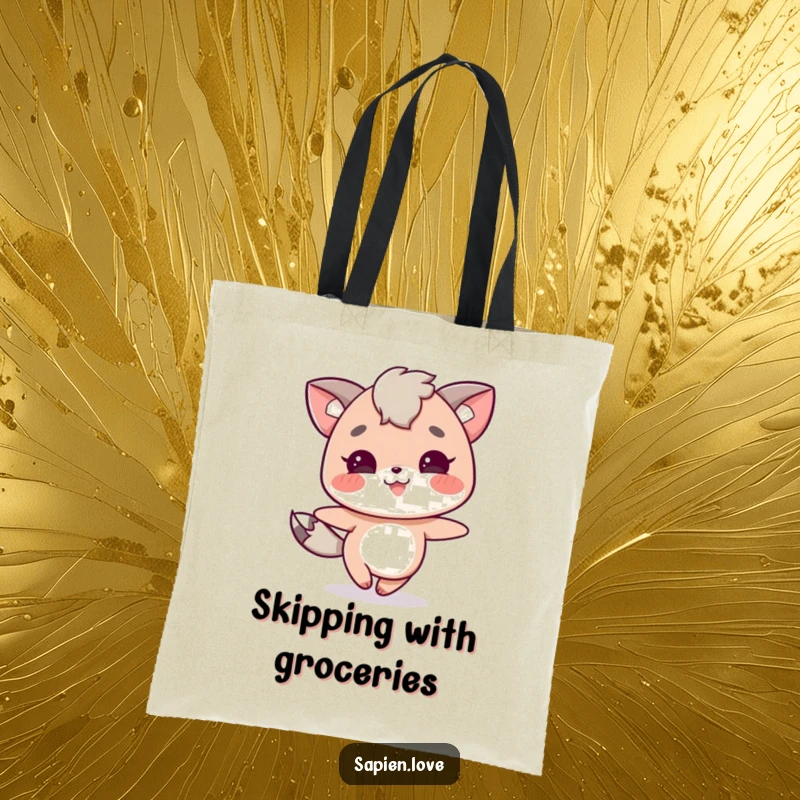 Funny tote bag showing a joyful character with animal characteristics skipping happily. A practical funny gift.